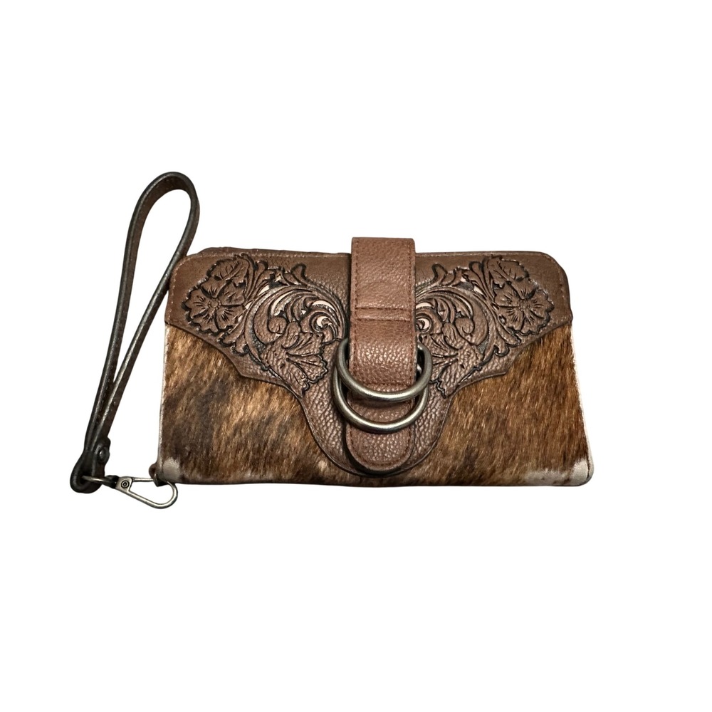 Justin Western Brown Cowhide Floral Tooled Wristlet Wallet Organizer